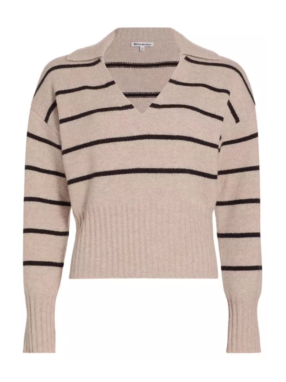 NEW Reformation Beckie Cashmere Collared Sweater Barley with Black Stripe Small